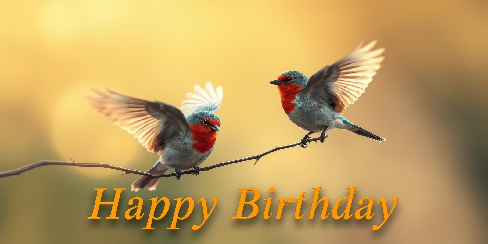 Two colorful birds perched on a branch, celebrating a happy birthday in a serene natural setting during golden hour